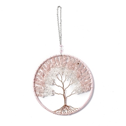 Rose Quartz Wire Wrapped Chips Natural Crystal Quartz & Rose Quartz Big Pendant Decorations, with Iron Chains and Imitation Leather Rope, Flat Round with Tree of Life, 295mm