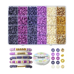 (52) Непрозрачная лаванда Наборы браслетов своими руками, в том числе бусины из полимерной глины ручной работы, пластиковые прокладки ccb, Зажимные бусины из латуни, Бусины разделители из сплава , разноцветные, 6x1 мм, отверстие : 2 мм, 5 цветов, 28 г / цвет, 140 г