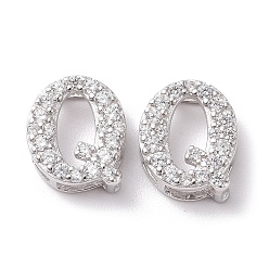 Letter Q 925 Sterling Silver Micro Pave Cubic Zirconia Beads, Real Platinum Plated, Letter Q, 9.5x7.5x3.5mm, Hole: 2.5x1.5mm