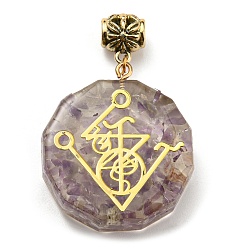 Amethyst Natural Amethyst European Dangle Polygon Charms, Large Hole Pendant with Golden Plated Alloy Chakra Slice, 53mm, Hole: 5mm, Pendant: 39x35x11mm