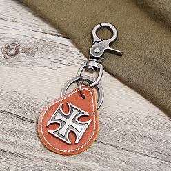 Coral Cowhide Pendant Keychains, with Alloy Clasps and Iron Rings, Teardrop with Cross, Coral, 12cm