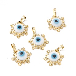 White Handmade Evil Eye Lampwork Pendants, with Rack Plating Real 18K Gold Plated Brass Findings, Long-Lasting Plated, Snowflake Charm, White, 15x14x4mm, Hole: 4x6.5mm