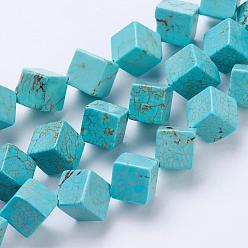 Turquoise Foncé Brins de perles de magnésite naturelle, teint, cube, turquoise foncé, 10x10x10mm, Trou: 1mm, Environ 26 pcs/chapelet, 15 pouce