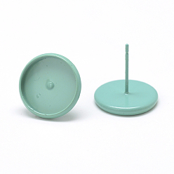 Light Sea Green Spray Painted Brass Stud Earring Settings, with Iron Pins, Light Sea Green, Tray: 12mm, 14mm, Pin: 0.8mm