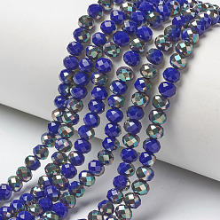 Blue Electroplate Opaque Solid Color Glass Beads Strands, Half Plated, Rainbow Plated, Faceted, Rondelle, Blue, 4x3mm, Hole: 0.4mm, about 123~127pcs/strand, 16.5~16.9 inch(42~43cm)