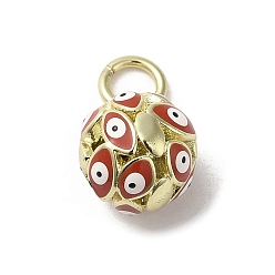FireBrick Brass Enamel Charms, with Jump Ring, Real 18K Gold Plated, Round with Evil Eye Charm, FireBrick, 12.5x10mm, Hole: 3.6mm