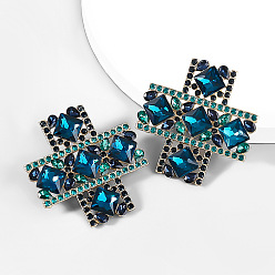 Blue Retro Style Cross Earrings with Sparkling Glass and Rhinestone Decoration for Parties