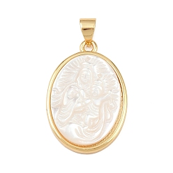 Virgin Овальные подвески из натуральной белой ракушки, с латунной, реальный 18 k позолоченный, долговечный, без кадмия и без свинца, стойки покрытие, девственница, 25x17x3.5~4.5 мм, отверстие : 4.5x3.5 мм