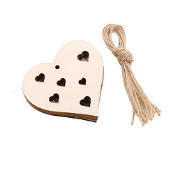 Heart Heart Unfinished Wooden Ornaments, with Hemp Cord, Valentine's Day Hanging Decorations, for Party Gift Home Decoration, Heart Pattern, 53x56x2.5mm