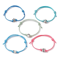 Mixed Shapes 5Pcs 5 Style Antique Silver Alloy Braided Cord Bracelets Set, Polyester Adjustable Bracelets, Mixed Shapes, Inner Diameter: 2-3/8 ~3-3/8 inch(8.45cm), 1Pc/style