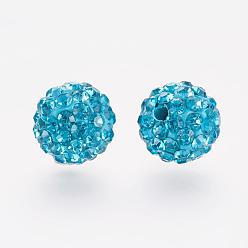 Blue Zircon Polymer Clay Rhinestone Beads, Grade A, Round, Pave Disco Ball Beads, Blue Zircon, 8x7.5mm, Hole: 1mm