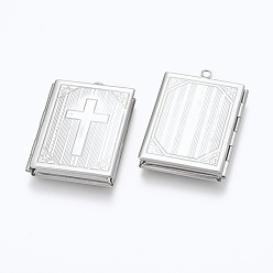 Stainless Steel Color 304 Stainless Steel Locket Pendants, Photo Frame Charms for Necklaces, Rectangle with Cross, Stainless Steel Color, 39.5x27x5.5mm, Hole: 2mm, Inner Size: 18.5x29mm