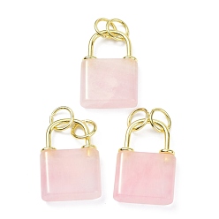 Rose Quartz Natural Rose Quartz Pendants, with Golden Brass Findings and Jump Rings, Cadmium Free & Lead Free, Lock, 27x18x5.5mm, Hole: 6mm