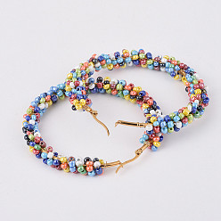 Mixed Color 304 Stainless Steel Hoop Earrings, Beaded Hoop Earrings, with Glass Seed Beads, Golden, Colorful, 66x70x8mm, Pin: 0.7x1mm