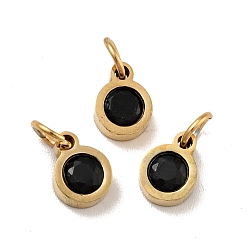 Black Vacuum Plating 304 Stainless Steel Pendants, with Cubic Zirconia and Jump Rings, Single Stone Charms, Flat Round, Golden, Black, 7.5x5.5x2.5mm, Hole: 3.6mm