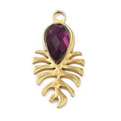 Purple Real 18K Gold Plated 304 Stainless Steel Pendants, with Glass, Leaf Charms, Purple, 30x15x4~5.5mm, Hole: 2.5mm