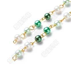 Green Handmade Glass Pearl Round Beaded Chains, with Brass Eye Pins, Unwelded, Green, 13x6mm, about 3.28 Feet(1m)/Box