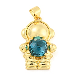 Teal Rack Plating Brass Pendants, with Glass, Long-Lasting Plated, Cadmium Free & Lead Free, Spaceman Charms, Teal, 25x16x7mm, Hole: 4x3.5mm