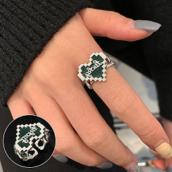 Heart Dark Olive Green Enamel Open Cuff Ring, Platinum Brass Jewelry for Women, Heart Pattern, US Size 8(18.1mm)