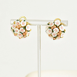 White Plastic 3D Flower Hoop Earrings with Cubic Zirconia, Real 18K Gold Plated Alloy Earrings, White, 20mm