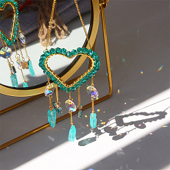 Dark Cyan Heart Quartz Crystal Dyed Hanging Suncatcher Pendant Decoration, Crystal Ball Prism Pendants, with Brass & Iron Findings, Dark Cyan, 300mm