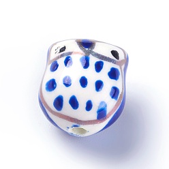 Royal Blue Handmade Printed Porcelain Beads, Owl, Royal Blue, 16~17x14~15x13~14mm, Hole: 2mm