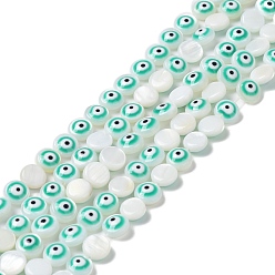 Turquoise Natural Freshwater Shell Enamel Beads Strands, Flat Round with Evil Eye, Turquoise, 6x3mm, Hole: 0.5mm, about 62~65pcs/strand, 14.37''~14.96''(36.5~38cm)