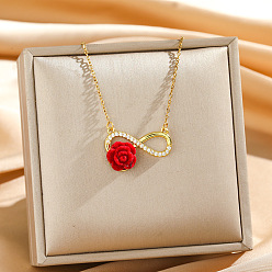 Золотой Подвеска-бесконечность из латуни с микропаве, прозрачными кубическими циркониями и пластиковым цветком красной розы для женщин., золотые, 17.72 дюйм (45 см), подвеска: 25 мм.