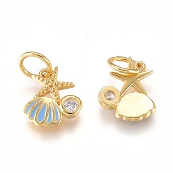 Golden Brass Charms, with Micro Pave Cubic Zirconia, Enamel and Jump Rings, Starfish with Scallop, Clear & Sky Blue, Golden, 10x8x2mm, Hole: 3.2mm