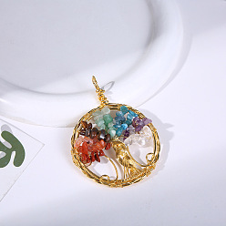 Golden Gemstone Chip Tree of Life Copper Wire Wrapped Big Pendants, 7 Chakra Tree Charms, Golden, 70x50mm