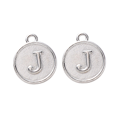 Letter J Alloy Pendant Cabochon Settings, For Enamel, Cadmium Free & Lead Free, Flat Round with Letter, Platinum, Letter.J, 14x12x2mm, Hole: 1.5mm