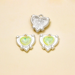 Green Yellow Brass with Cubic Zirconia Pendants, Heart, Matte Silver Color, Green Yellow, 17x15mm