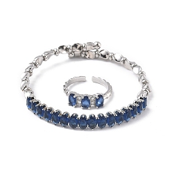 Прусский Синий Овальные латунные браслеты-манжеты и кольца с микропаве из кубического циркония для женщин, стойки покрытие, платина, берлинская лазурь, браслет: 7ширина мм, внутренний диаметр: 59.5x55 мм