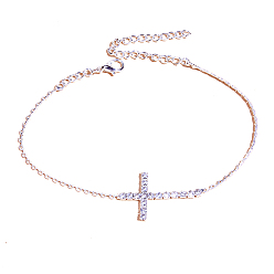 Silver Alloy Anklets, with Rhinestone, Cross, Silver, 8-5/8 inch(22cm)