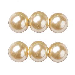 Champagne Yellow Eco-Friendly Dyed Glass Pearl Round Beads Strands, Grade A, Cotton Cord Threaded, Champagne Yellow, 12mm, Hole: 0.7~1.1mm, about 34pcs/strand, 15 inch