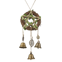 Античная Бронза Подвесной колокольчик из листового железа, Гирлянда из ротанговой лозы в форме звезды и подвески из сплава для украшения двери дома, античная бронза, 365 мм