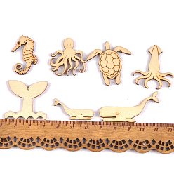 Other Animal Unfinished Wooden Pieces, Wood Cutouts, Mixed Shape, Sea Horse/Sea Turtle/Octopus/Whale/Cuttlefish, Sea Animals, 3~4cm