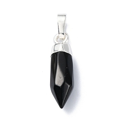 Black Onyx Natural Black Onyx(Dyed & Heated) Pendants, Faceted Cone Charms with Rack Plating Platinum Plated Brass Snap on Bails, Cadmium Free & Lead Free, 21x6mm, Hole: 3.5x6mm