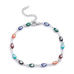 Stainless Steel Color 304 Stainless Steel Link Bracelets, with Enamel and Lobster Claw Clasps, Evil Eye, Colorful, Stainless Steel Color, 8 inch(20.3cm)