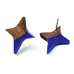 Dark Blue Resin & Walnut Wood Stud Earrings, with 304 Stainless Steel Pin, Star, Dark Blue, 21x17~18mm, Pin: 0.7mm