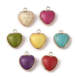 Mixed Color Synthetic Turquoise Dyed Pendants, Heart Charms with Golden Plated Brass Findings, Mixed Color, 20x16.5~17x7.3~7.5mm, Hole: 2.2mm