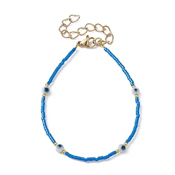 Royal Blue Evil Eye Lampwork & Glass Seed Beaded Bracelet with Real 18K Gold Plated 304 Stainless Steel Clasps, Royal Blue, 6-3/4 inch(17.2cm)