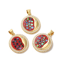 Светло-Вишневый Стойка металлическая латунная микропрофилированная кубическая циркония подвески, с эмалью и ракушкой, долговечный, без свинца и без кадмия, реальный 18 k позолоченный, луна, светло-вишневый, 21x18x3 мм, отверстие : 5x4 мм