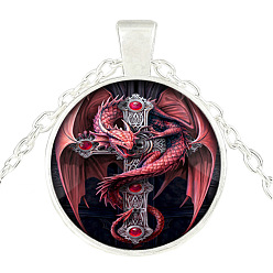 Silver Dark Red Dragon Theme Glass Flat Round Pendant Necklace with Alloy Chains, Silver, 27.56 inch(70cm)