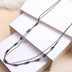 gun black Fashionable Double-layer Handmade European and American Glass Bead Necklace - Long Chain for Women