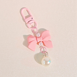 Pink Macaron Color Plastic Bowknot and Round Pendant Keychain, with Clasp, Pink, 90mm