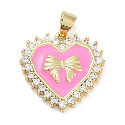 Ярко-Розовый Стойка металлическая латунная микропрофилированная кубическая циркония подвески, с эмалью, долговечный, без свинца и без кадмия, реальный 18 k позолоченный, сердце с бантом, ярко-розовый, 20.5x20x3.5 мм, отверстие : 5x3.5 мм