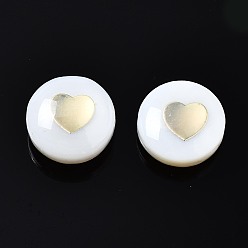 White Freshwater Shell Beads, Golden Metal Enlaced, Flat Round with Heart, White, 8.5x3.5~5mm, Hole: 0.8mm