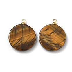 Тигровый глаз Природных тигровый глаз подвески, плоские круглые подвески с латунными дужками золотистого оттенка, 19~20.5x16~16.3x3.5~4.8 мм, отверстие : 6x3 мм