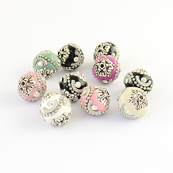 Mixed Color Round Handmade Indonesia Beads, with Rhinestones and Alloy Cores, Antique Silver, Mixed Color, 16~17x16~17mm, Hole: 1.5mm